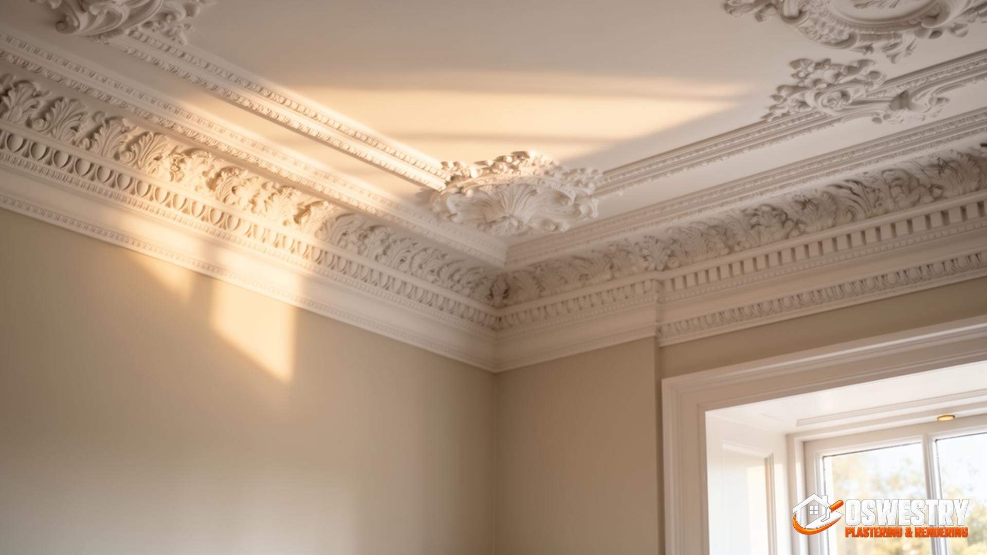 Ornate decorative plaster cornice and coving in a UK period property, freshly finished in brilliant white
